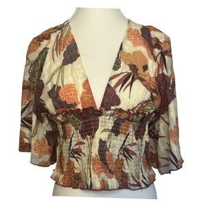 by Anthropologie Deep V‎ Top Tie Back Smocked Kimono Sleeves Neutral Floral XS